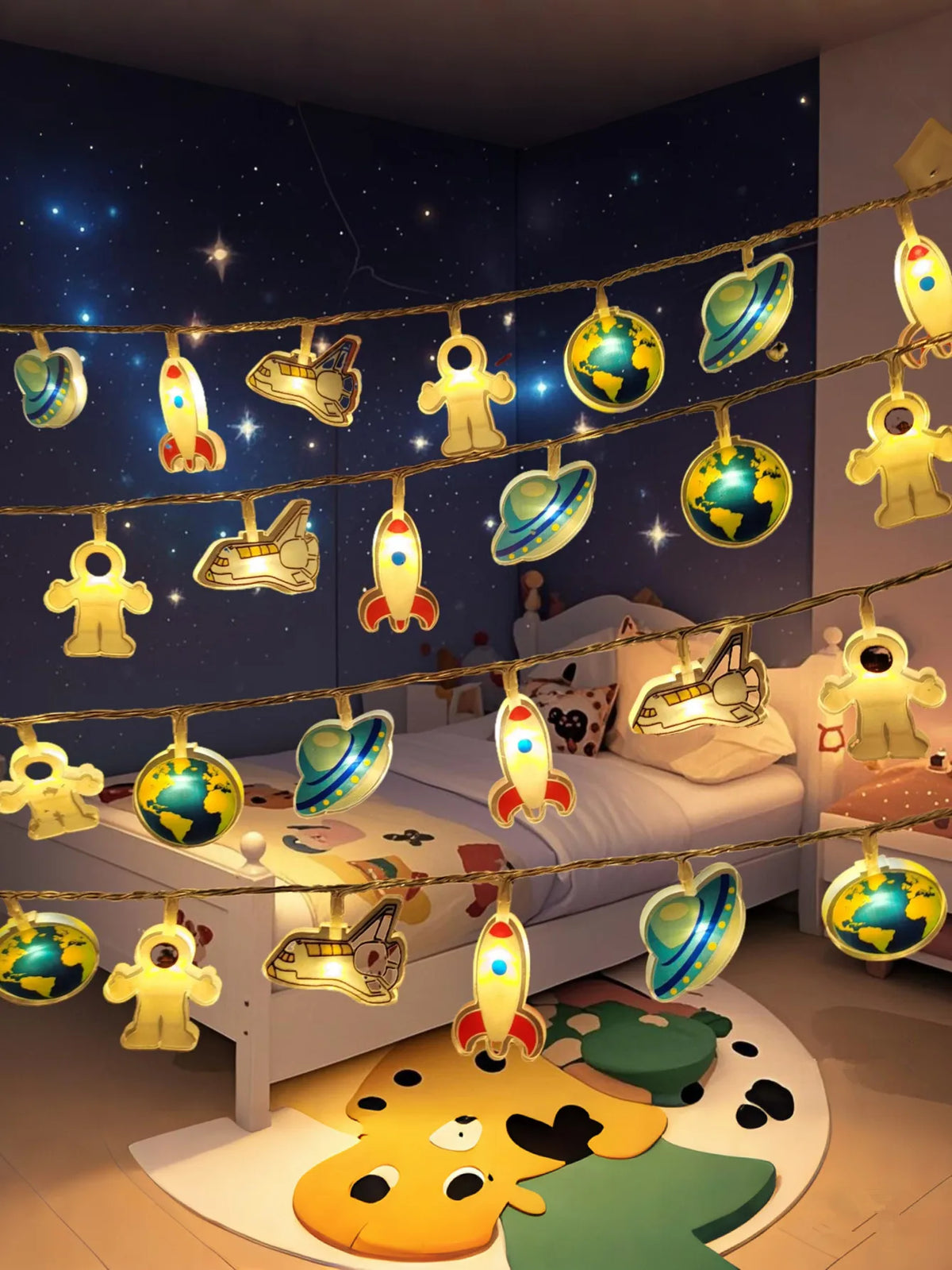 Space Astronaut Rocket Planet UFO LED String Lights Kids Bedroom Warm Fairy Decorative Lamp Gift Vue