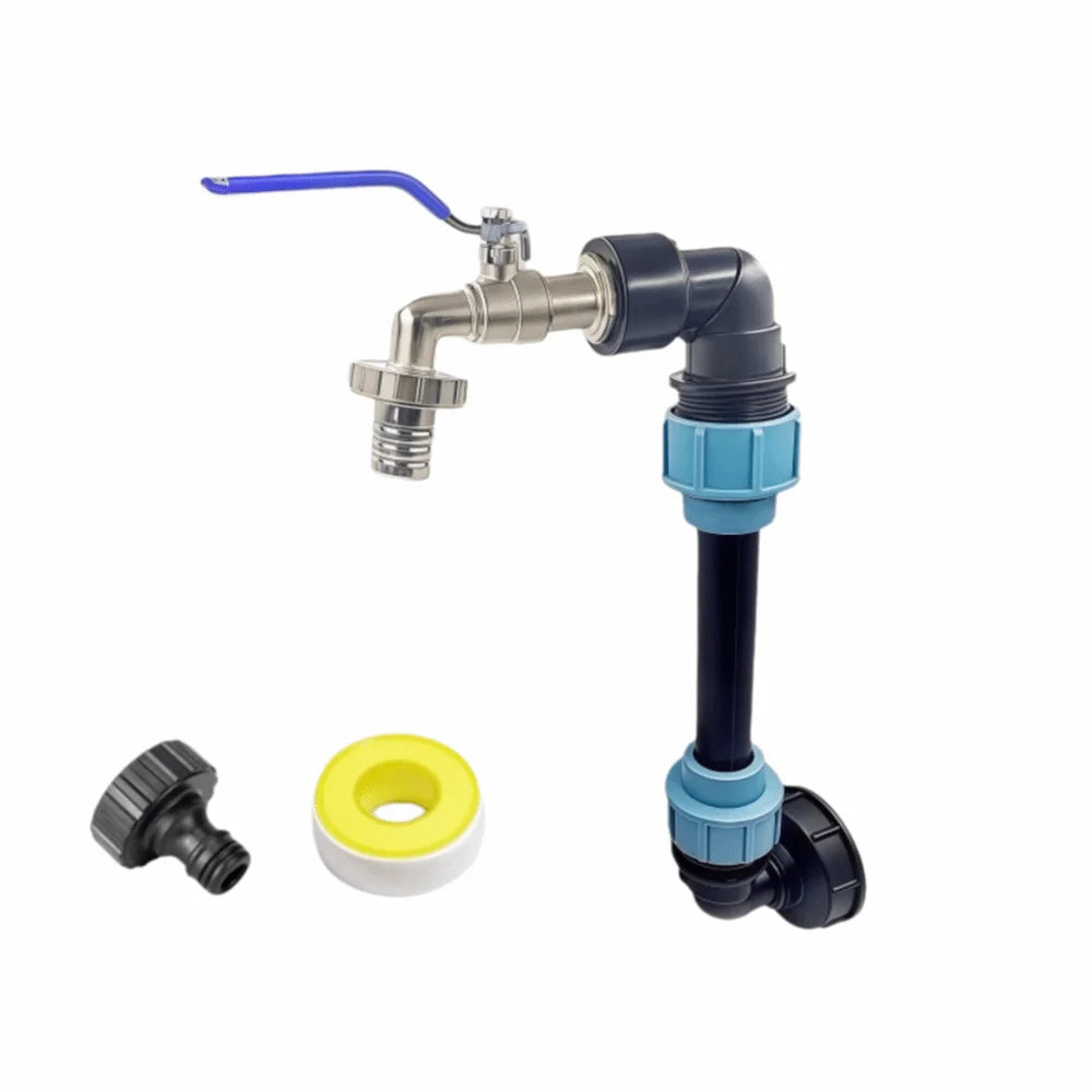 Metal Faucet IBC Tank Gooseneck 25cm Height Pipe Outlet Valve Faucet Adapter Connection Kit Gooseneck Outlet Tap Durable Vue Blue grip handle