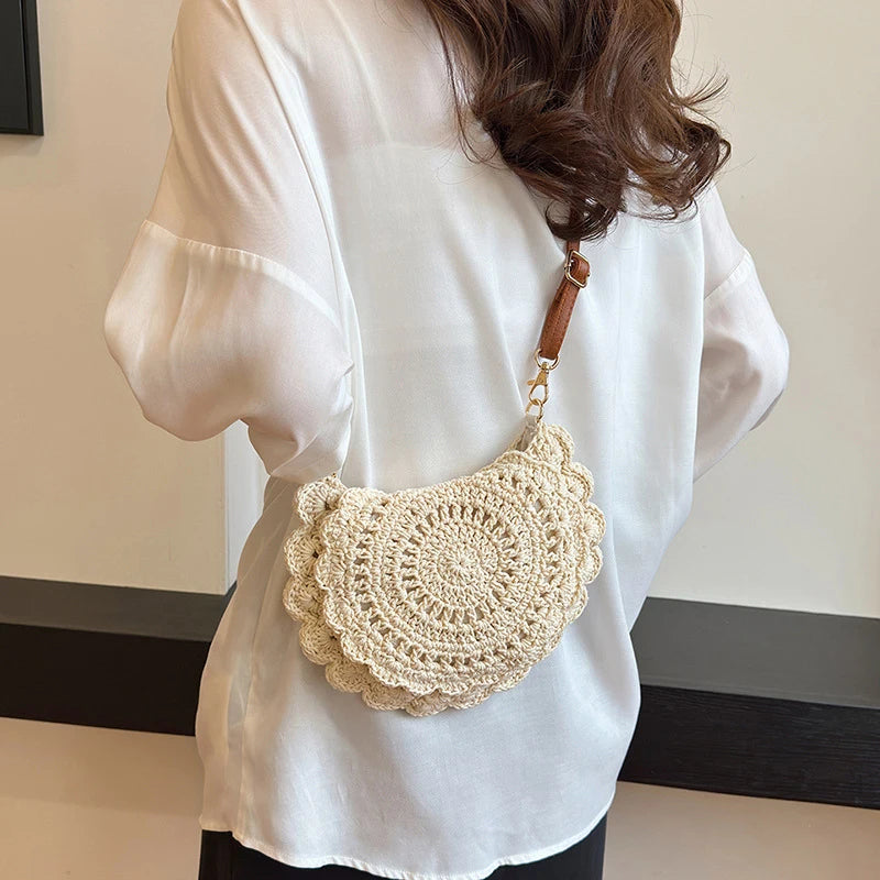 Vintage Woven Handbag Vacation Round Summer Beach Bag Fashion