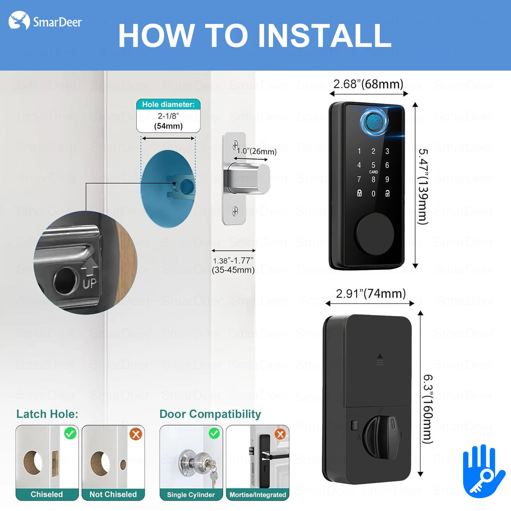 SmarDeer Electronic Lock for TTLock Smart Lock App Remote Control Keyless Entry Door Lock Fingerprint Digital Deadbolt Vue