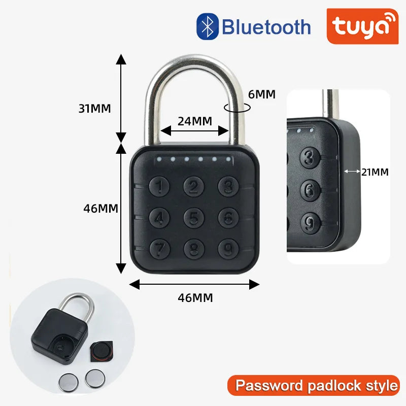 Tuya Password Bluetooth Padlock Touch Screen RFID IC Card Key Home Security Waterproof Cabinet Electronic Bag Luggage Padlock Vue GS1-Password Black