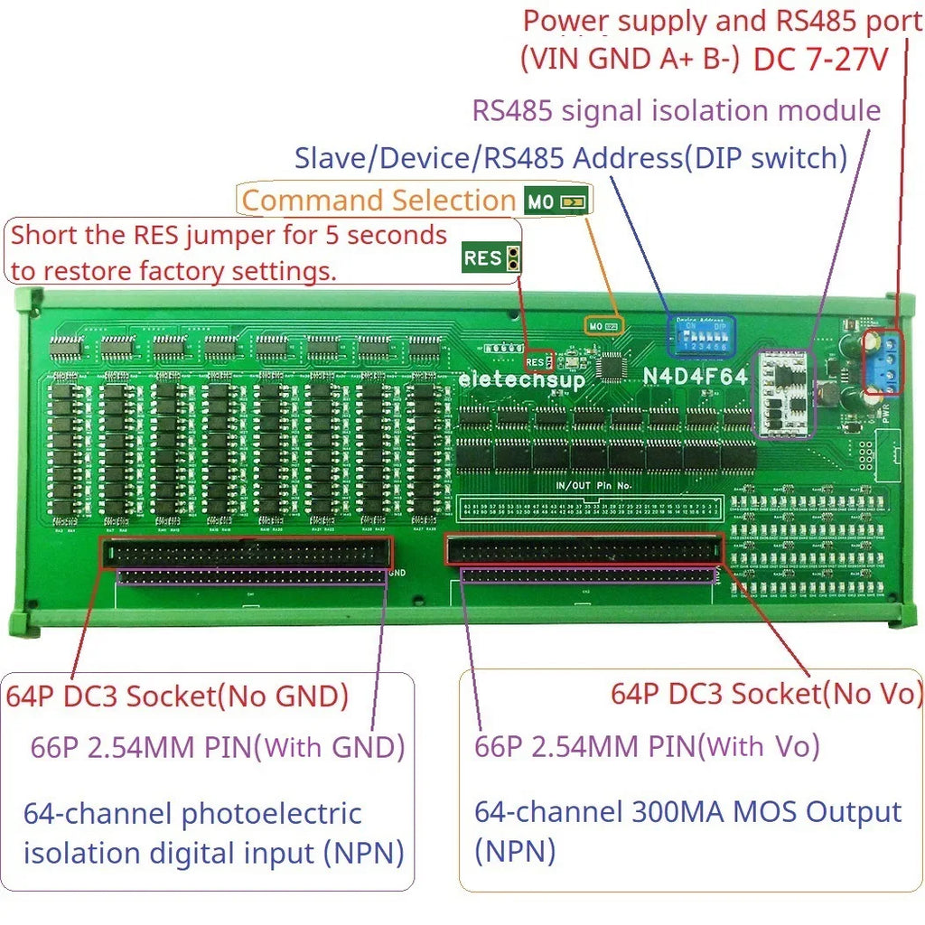 64DI-64DO 12V 24V RS485 Modbus RTU Isolate Communication PLC IO Expansion Board Digital Switch Quantity NPN Input Output Port Vue