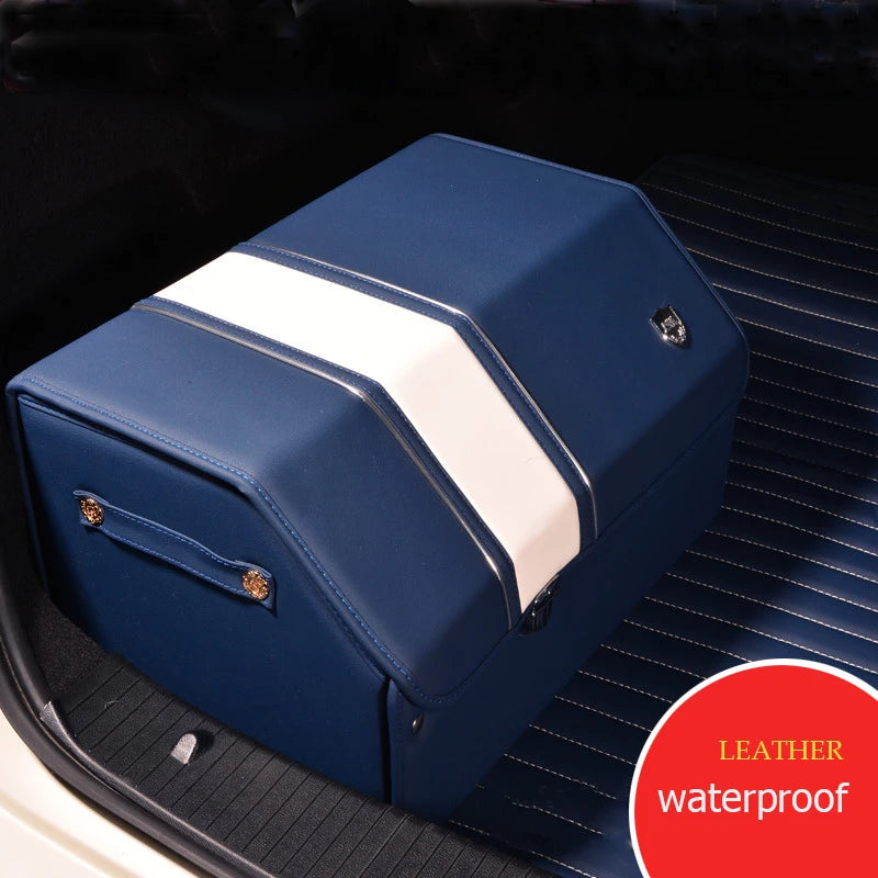 Large size Luxury Car Trunk Organizer Storage Box Storage Bag Folding Glove box Artificial Leather Automobile Supplies (blue) Vue