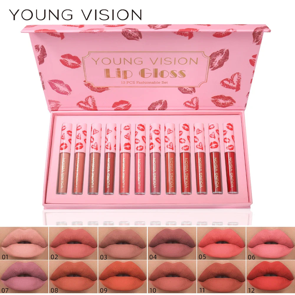 YOUNG VISION 12Pcs/set Lip Glaze Magnet Gift Box Set Matte Non Stick Cup Liquid Lipstick Vue 8040