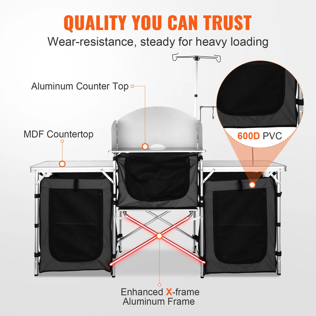 SucceBuy Camping Kitchen Table Cabinet Folding Cooking Storage Rack X-Shaped Aluminum Alloy Bracket for BBQ Picnic Garden Table Vue
