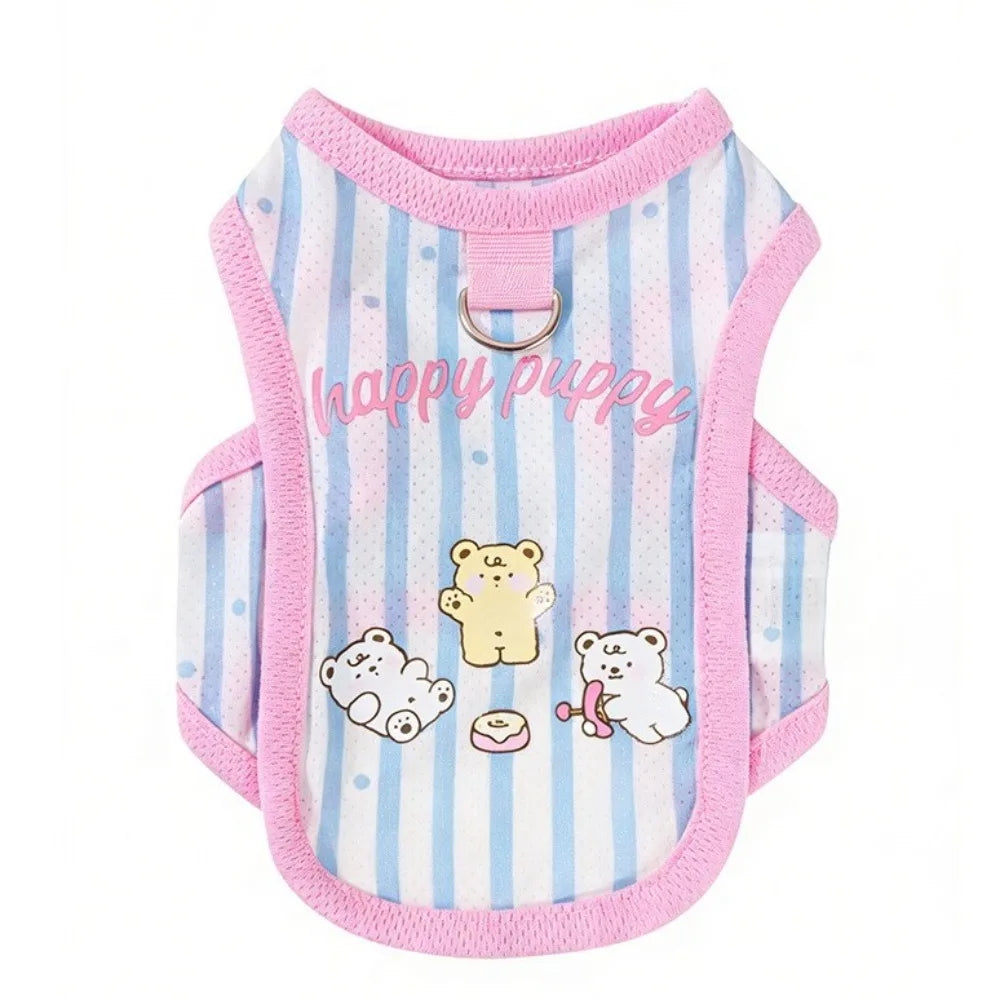 Striped Mesh Pet Cooling Vest Thin Breathable Cartoon Bear Pattern Dog Ice Silk T-shirt Lightweight Breathable Cooling Jacket Vue Blue-M