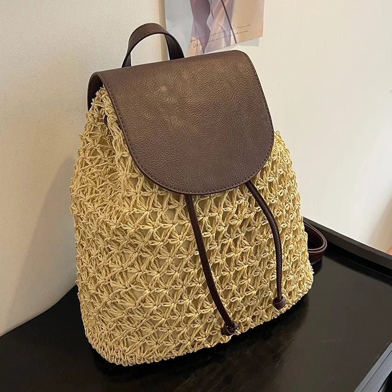 Vintage Straw Backpack Women's Fashion Shoulder Bag Versatile Woven
