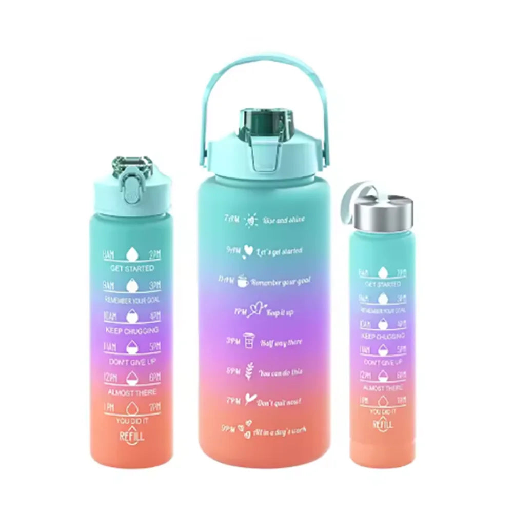 3Pcs Set Large Capacity Gradient Color Sport Water Bottle Leakproof Plastic Gym Straw Cup with Time Marker Water Cup Office Vue -Style A <0.25L