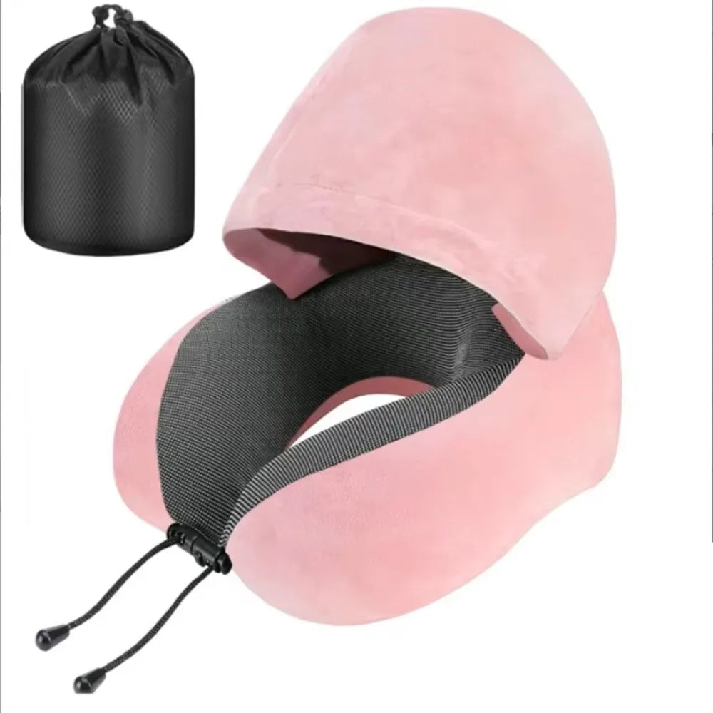Removable Travel Neck Pillow Washable Cover with Storage Bag Hooded Pillow Adjustable Comfortable U-shaped Pillow with Cap Vue Pink Velvet