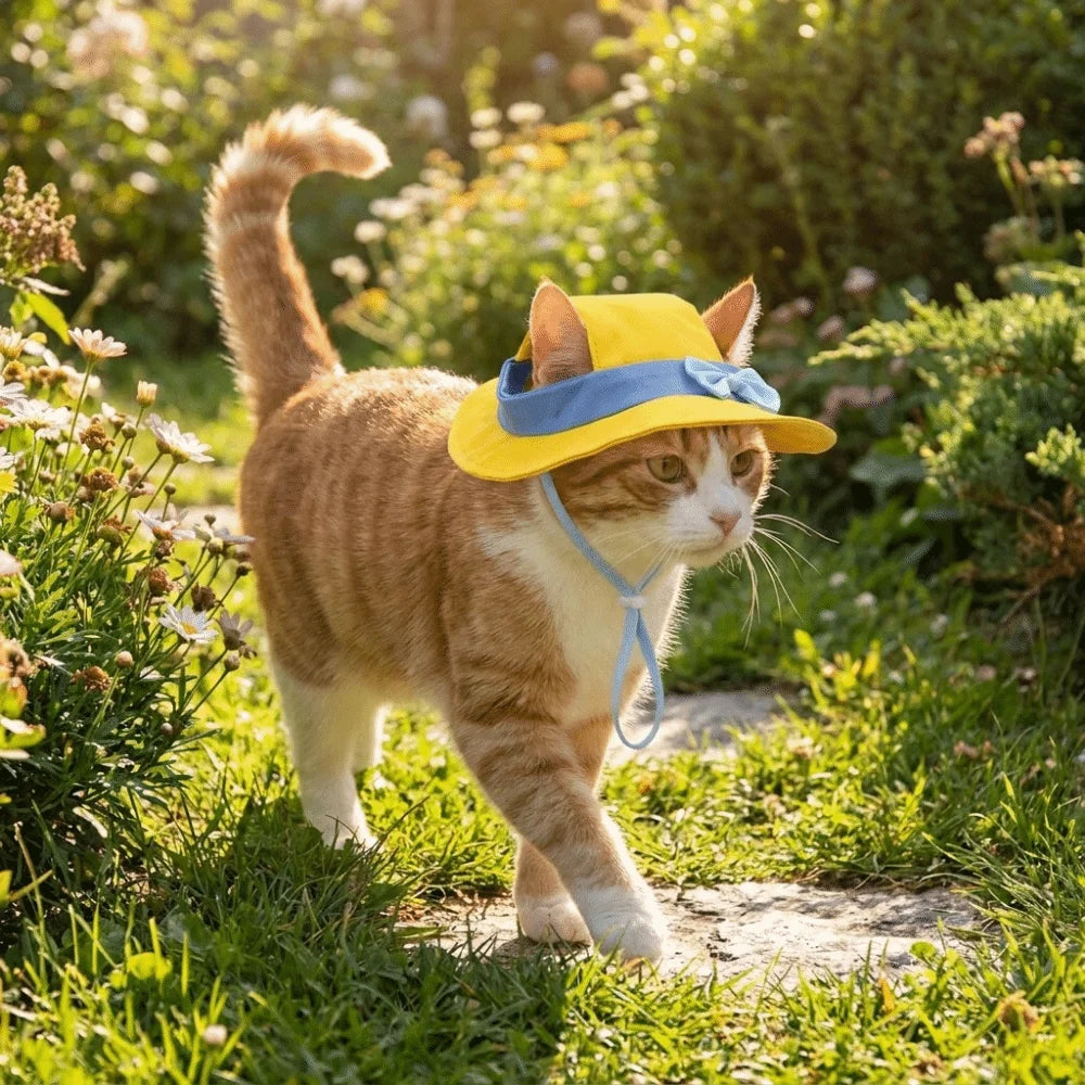 Adjustable Straps Cat Fisherman Hat Breathable Comfortable Pet Sun Hat with Ear Holes UV Protection Summer Pet Hat for Summer Vue