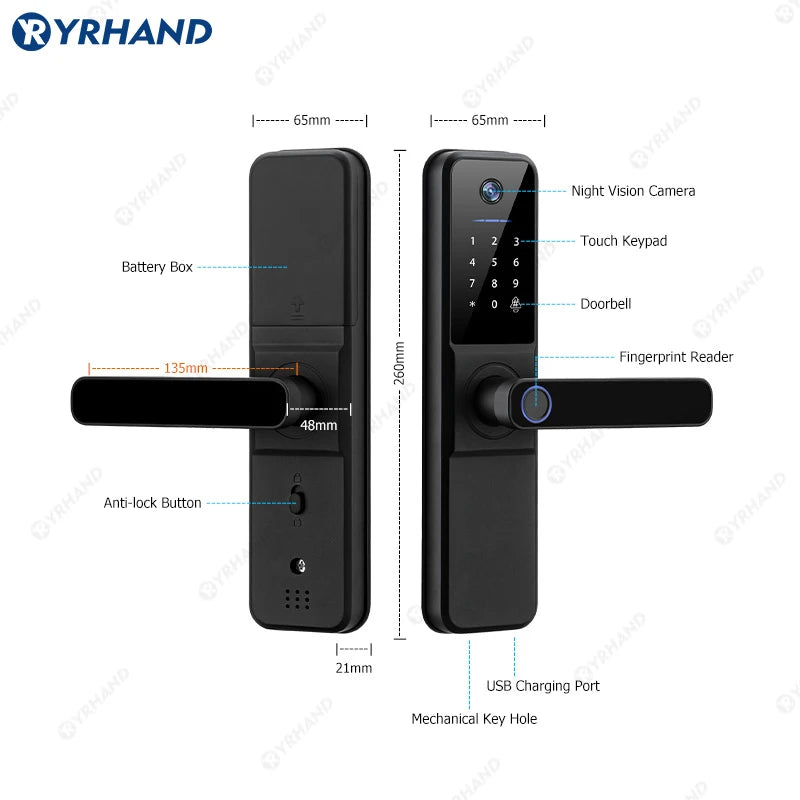 YRHAND Tuya Wifi fechadura eletronica digital Smart Door Lock With Biometric Camera Fingerprint Smart Card Password For home Vue