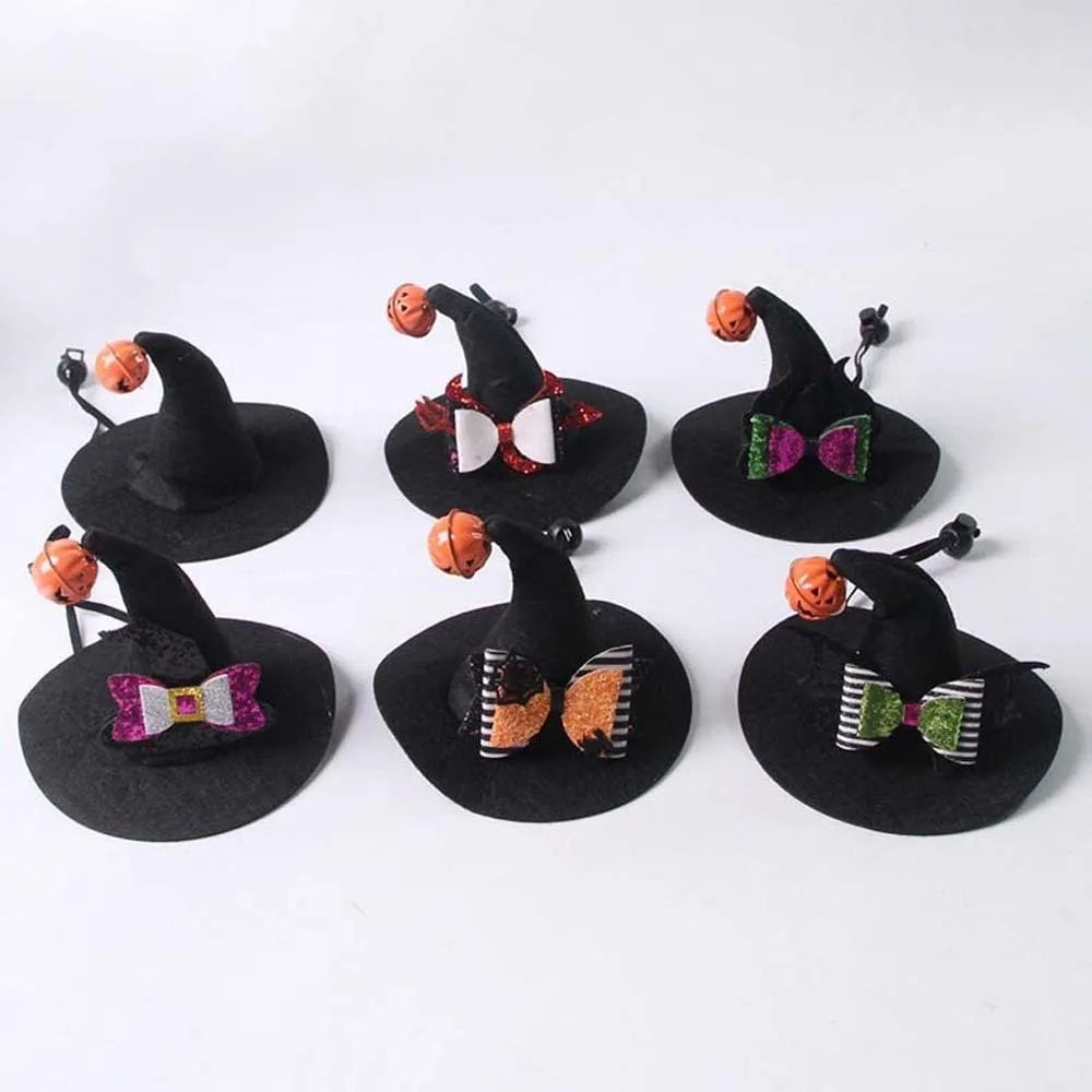 Curved Top Pet Witch Hat Sequin Bowknot Adjustable Strap Cat Wizard Cap Lightweight Fit Soft Fabric Dog Halloween Headwear Vue