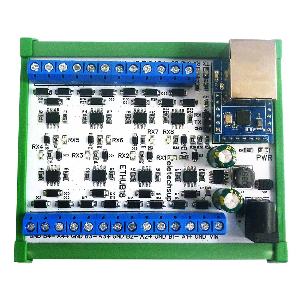 1 to 8 Ethernet Network RJ45 to 8 Port RS485 HUB Converter for UDP TCP Modbus TCP RTU MQTT HTTP PLC Configuration Software Vue With Rail Box