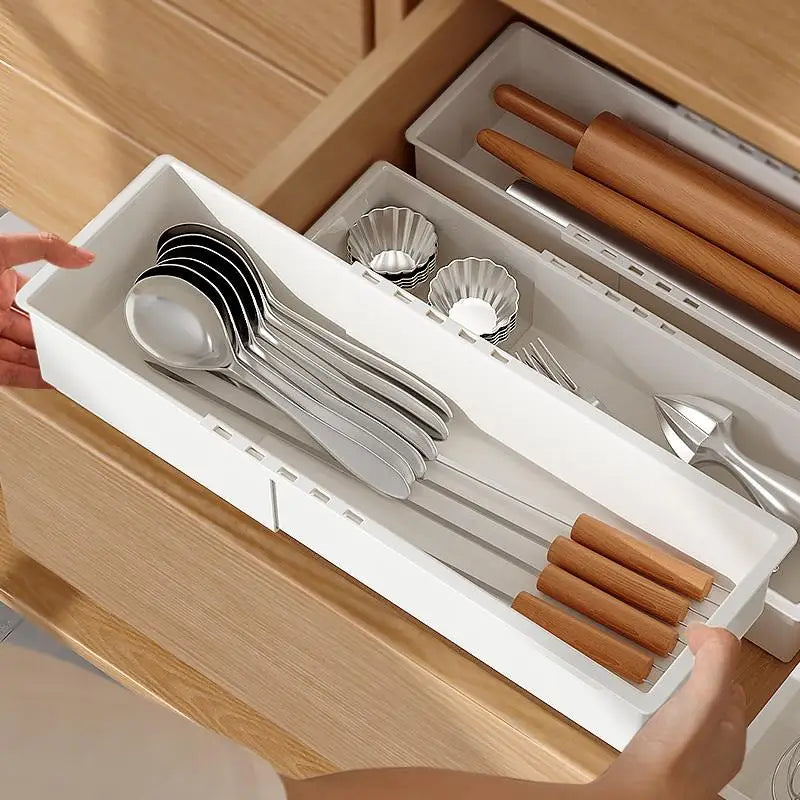 Universal Multi Size Drawer Organizer Adjustable Durable Plastic Storage Tray for Kitchen Utensils Stationery Vue