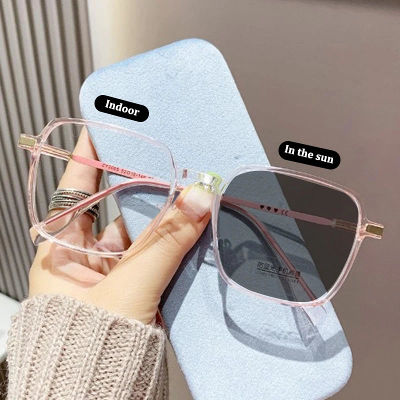 New Men Women Color Changing Eyeglasses Photochromic Glasses Anti Blue Glasses Anti UV Sunglasses Square Clear Frame Eyewear Vue Pink