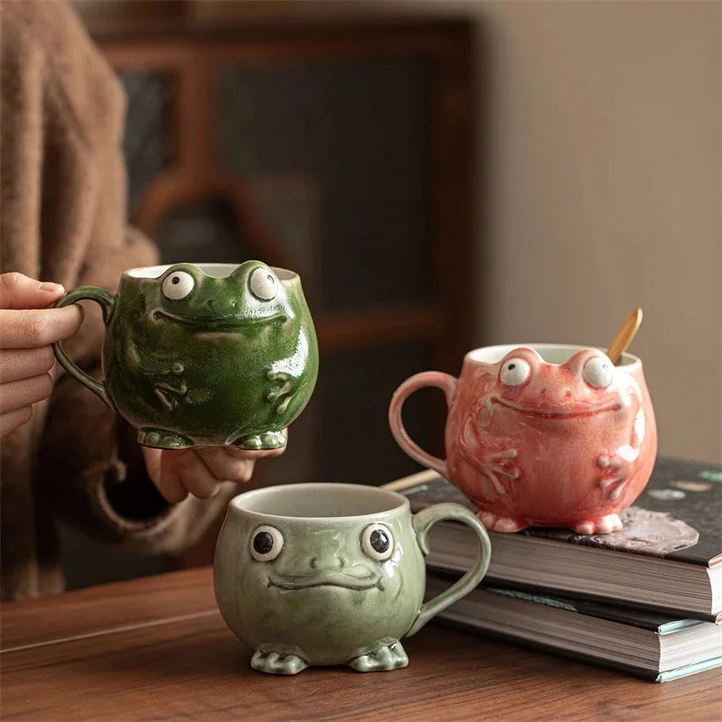 Frog Ceramic Coffee Mug With Spoon Cute Retro Personality Design Cup For Office Desk Home Table Decor Gift For Women Teens Vue