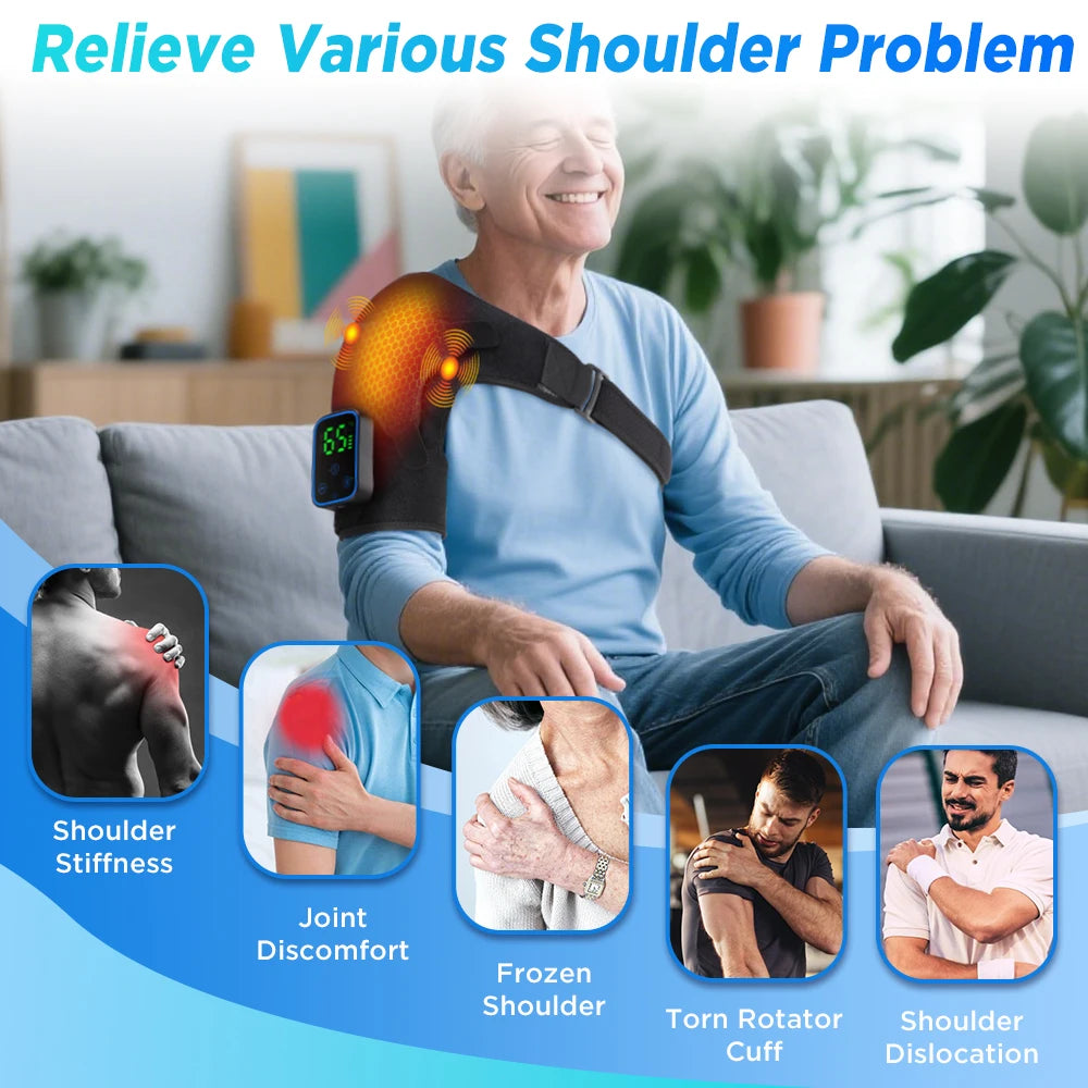 Graphene Electric Heating Shoulder Massager with APP Control 7 Heat Setting 3 Vibration Mode Washable Neoprene Shoulder Wrap Wireless Heating Pad for Neck Shoulder Pain Relief USB Rechargeable 5000mAh Vue