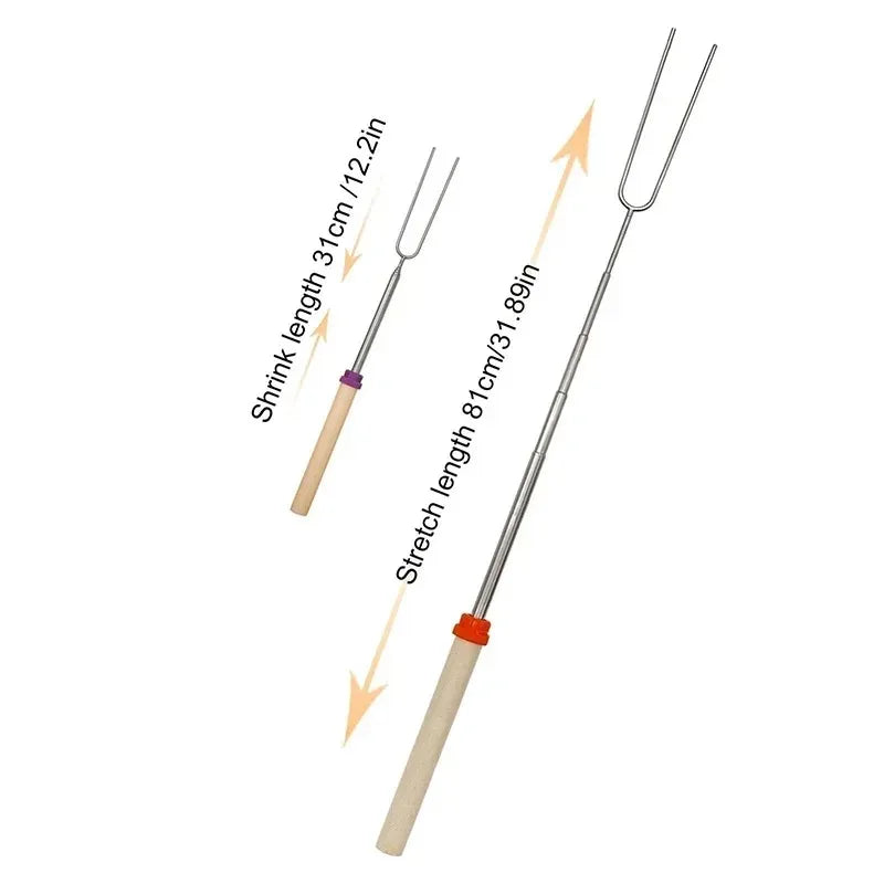 Outdoor Telescoping BBQ Fork Stainless Steel with Wooden Handle U-Shaped Hot Dog Skewer for Grilling Bonfire BBQ Use Vue