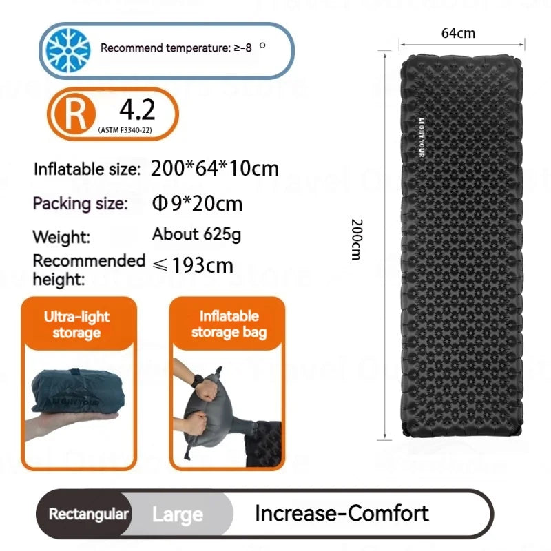 LIGHT TOUR Ultralight Inflatable Camping Mat R4.2/R7.5 Inflatable Sleeping Mat Vue Rectangle-Large-R4.2