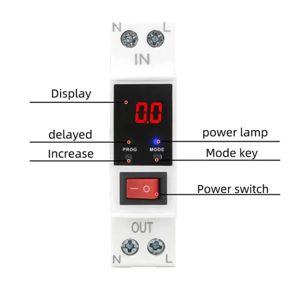 220V 16A Digital Display Din Rail Adjustable Recovery Reconnect Over and Under Voltage Protector 1.5P Power Meter Protect Relay Vue