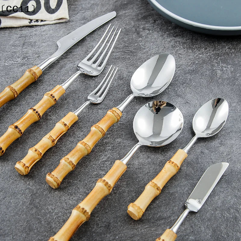 Long Handle Serving Spoon Fork Stainless Steel Gold Silver Bamboo