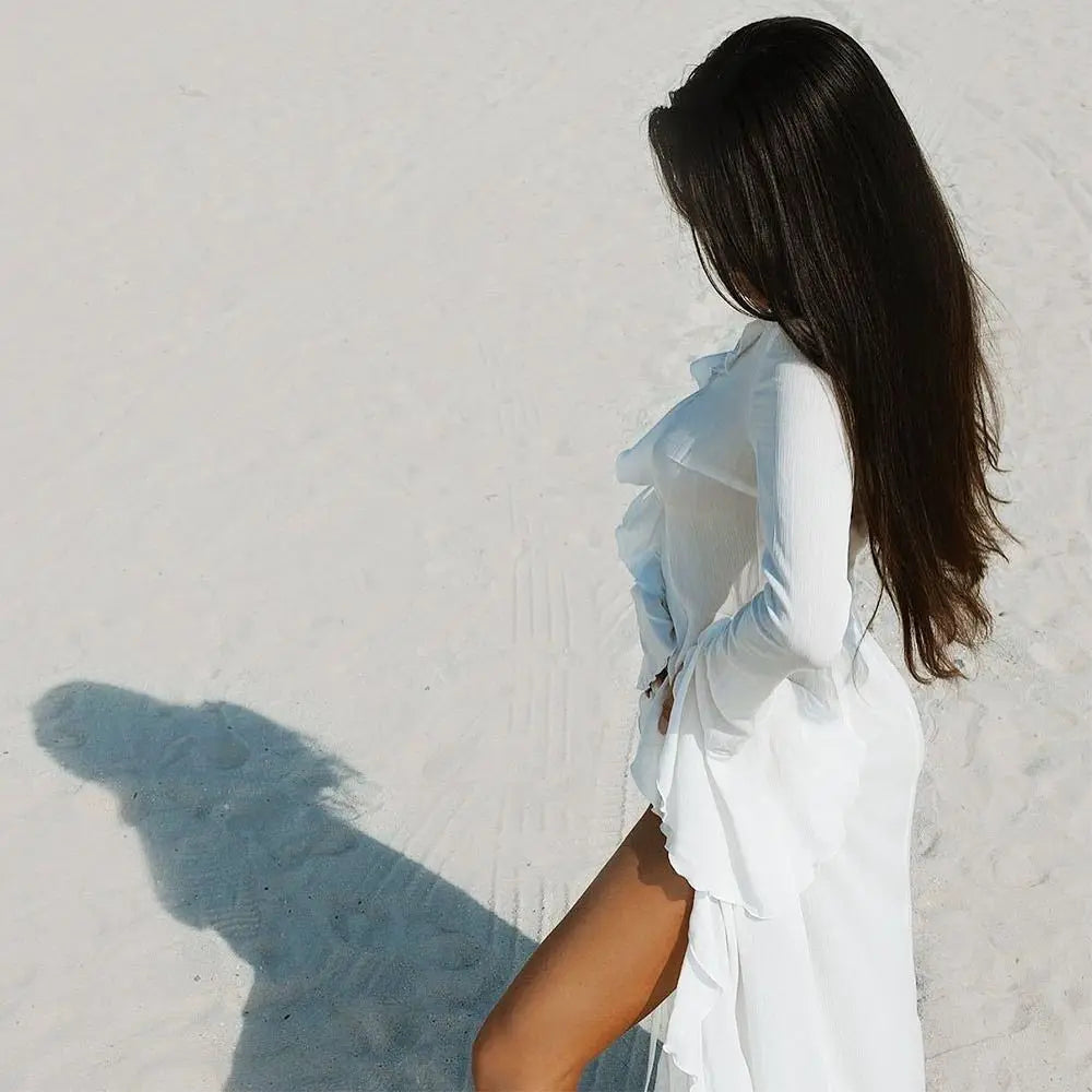 Fashion V Neck Summer Beach Cover Up Ruffled Loose Bikini Sunscreen Vue