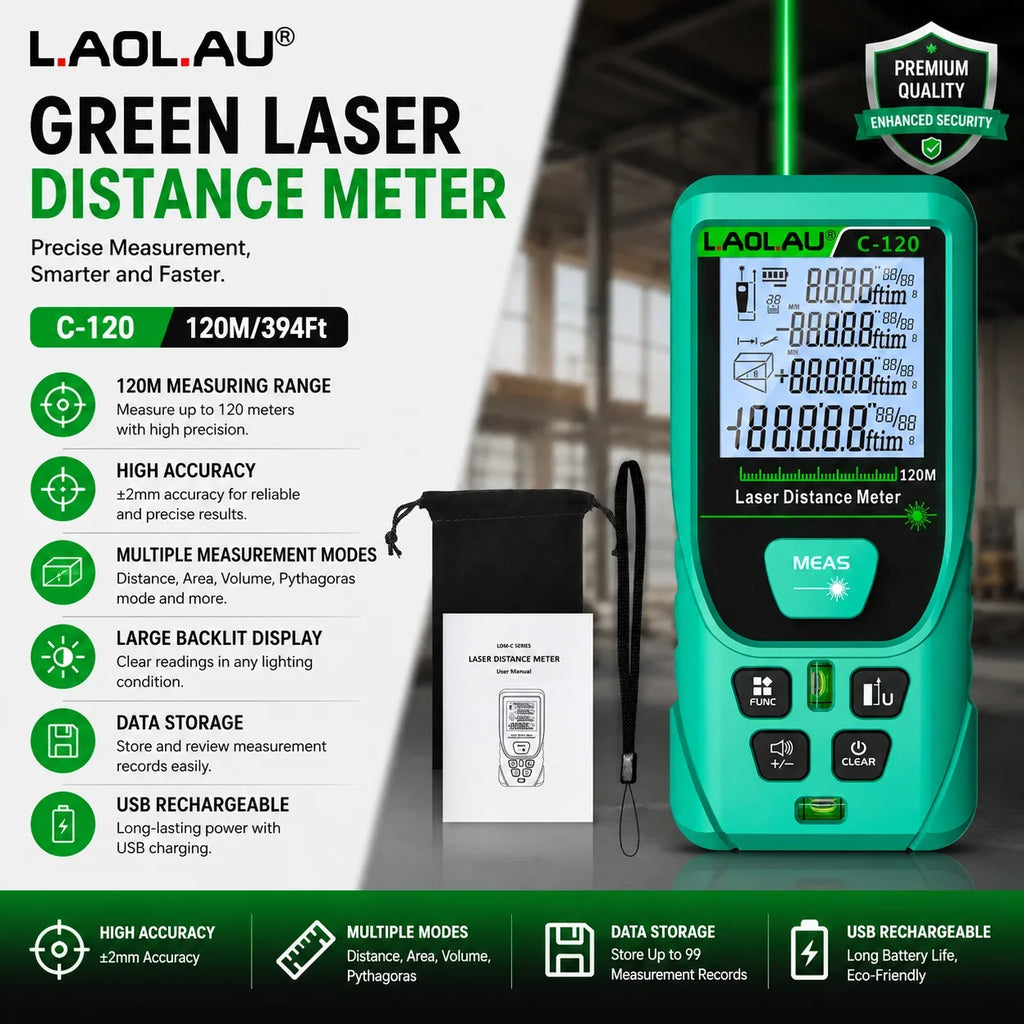 LAOLAU Digital Laser Range Finder RED/Green Laser Beam Meter High Precision Measuring Tools Backlit Screen IP54 Waterproof Vue