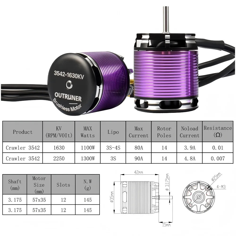 3542 Outrunner Brushless Motor 1630KV/2250KV for 1/10 1/12 RC Crawler Car 3-4S Lipo 1100W/1300W RC Climbing Vehicle Upgrade Part Vue