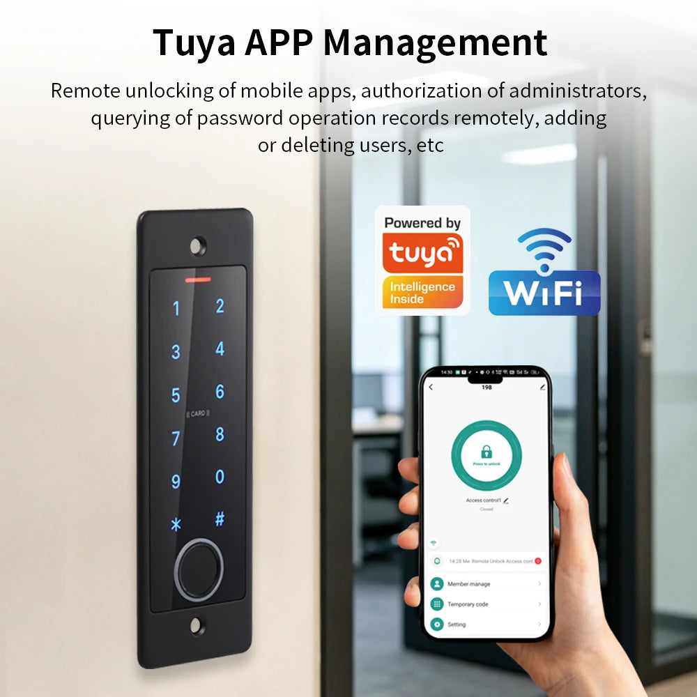 Narrow Waterproof Embedded WiFi Access Control System Fingerprint Password Card Remote Unlock Apartment Gate Works with Tuya APP Vue