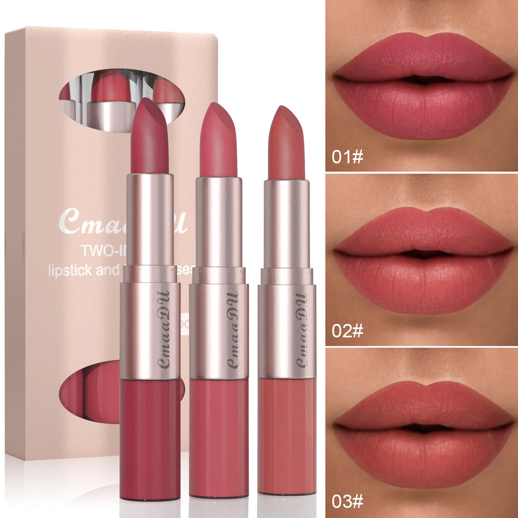 12 Colors 2-in-1 Silky Velvet Matte Lip Gloss Lipstick Cosmetics Long Lasting Waterproof and Sweat Proof Nude Pink Lips Makeup Vue