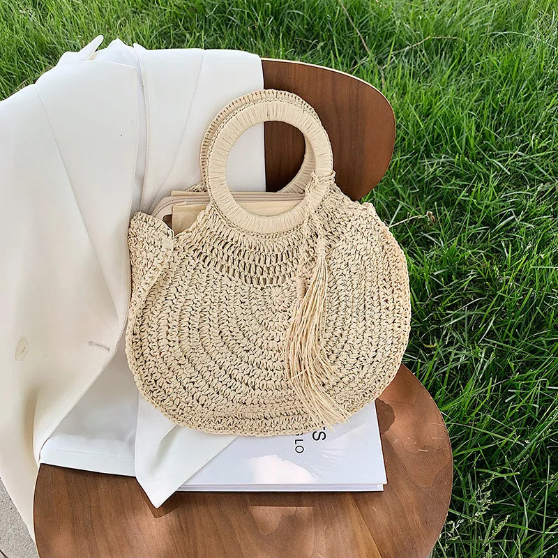 Summer Women Round Straw Bags Rattan Shoulder Bag Handmade Woven
