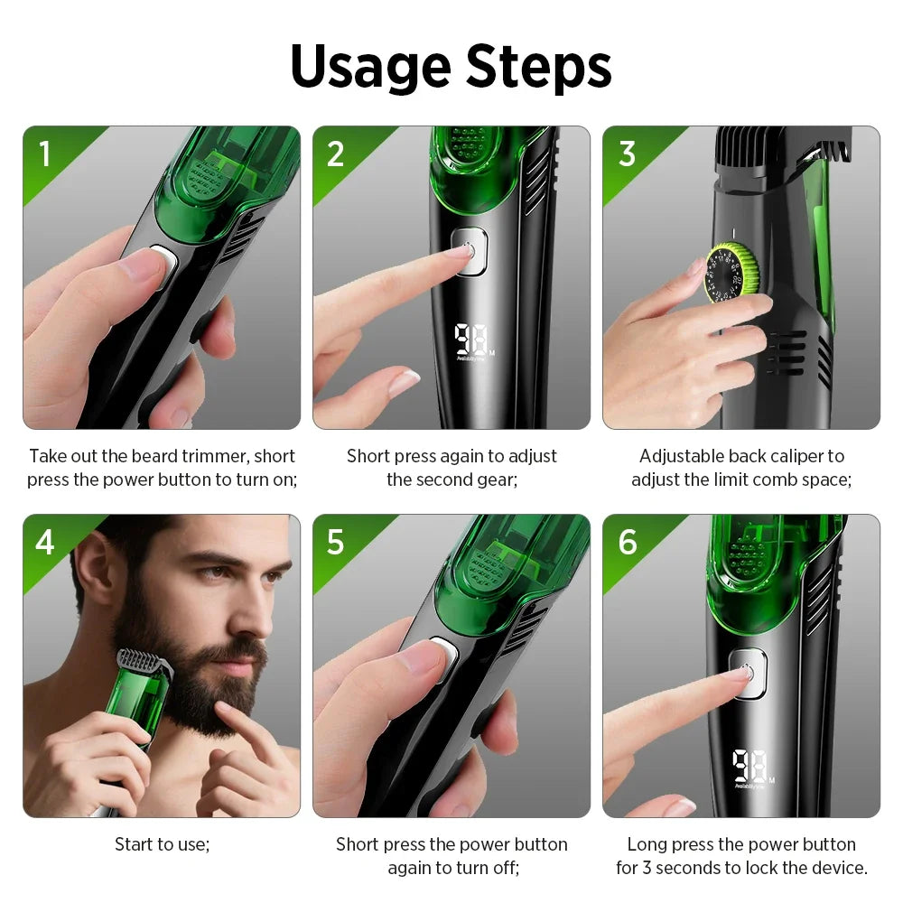 Cordless Electric Hair Trimmer IPX6 Waterproof Professional Hair Cutting Mustache Sideburn Men Razor Built-in Vacuum Clipper USB Vue