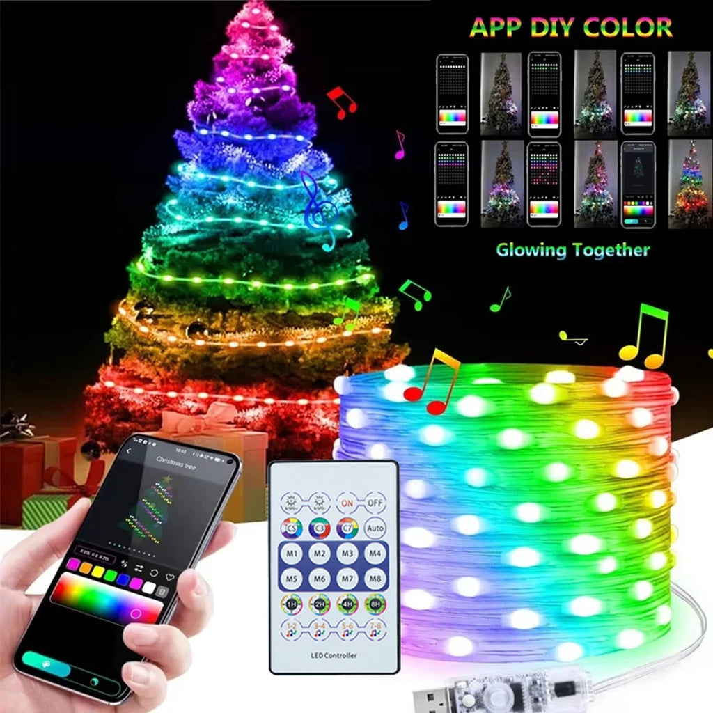 WS2812B LED String Light Smart Bluetooth Remote Control RGBIC Fairy Lamp USB Waterproof For Christmas Tree Lights Home Decor Vue 20m LED Light String