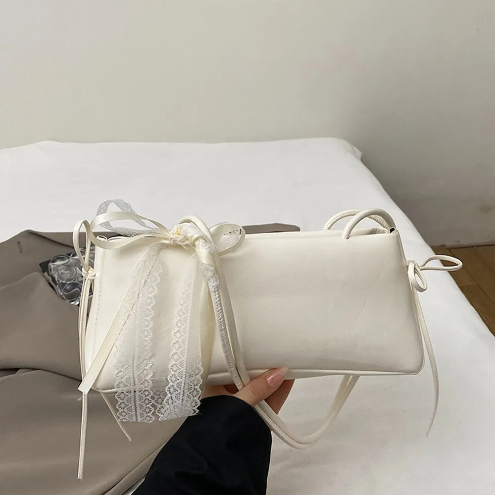 Trendy Multicolor Shoulder Bag PU Leather Bowknot Versatile Commuting Bag with Lace Ribbon Large Capacity Underarm Bag Shopping Vue White With Lace