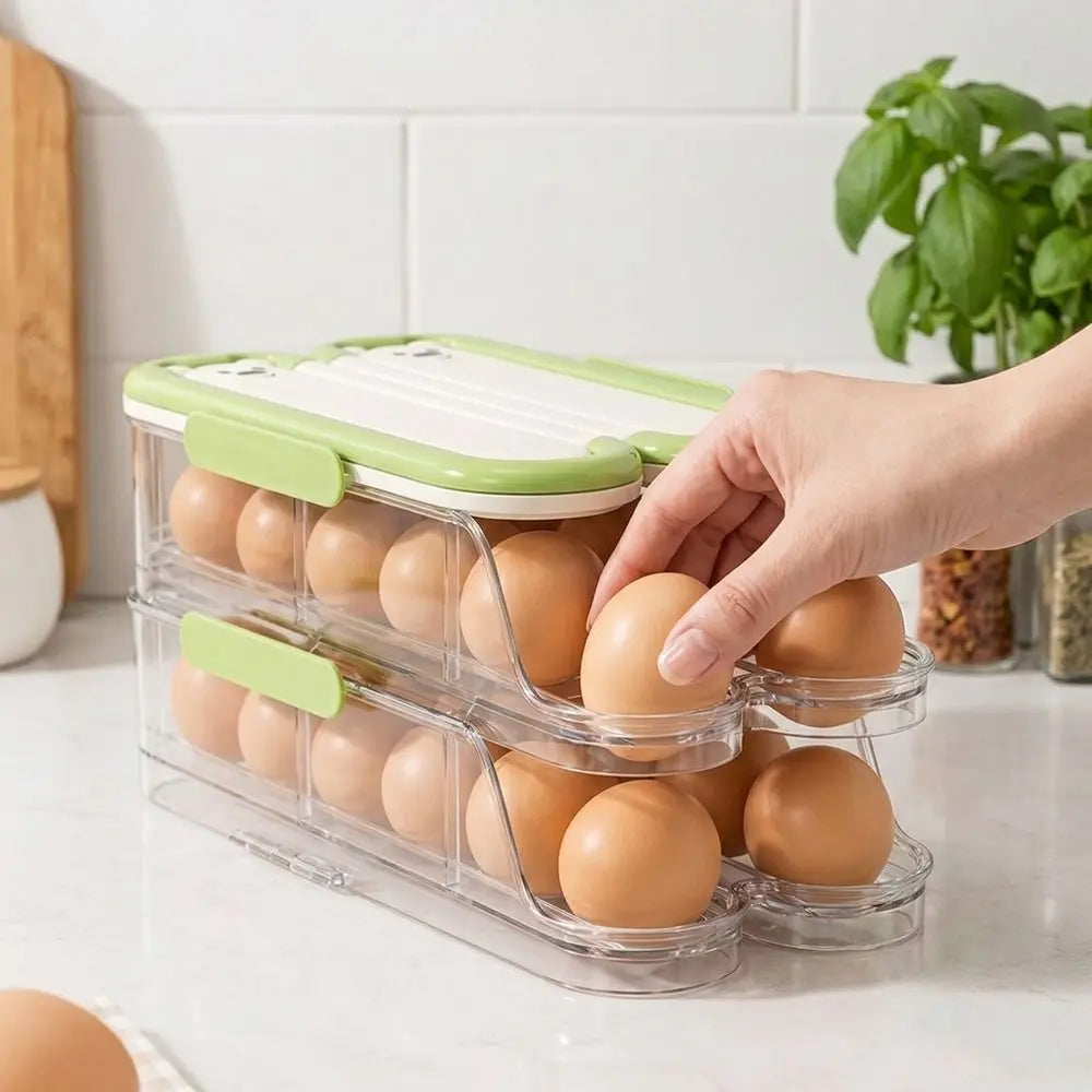 Food Grade Automatic Rolling Egg Container Transparent Large Capacity Large Egg Holder Stackable with Lid Refrigerator Egg Rack Vue