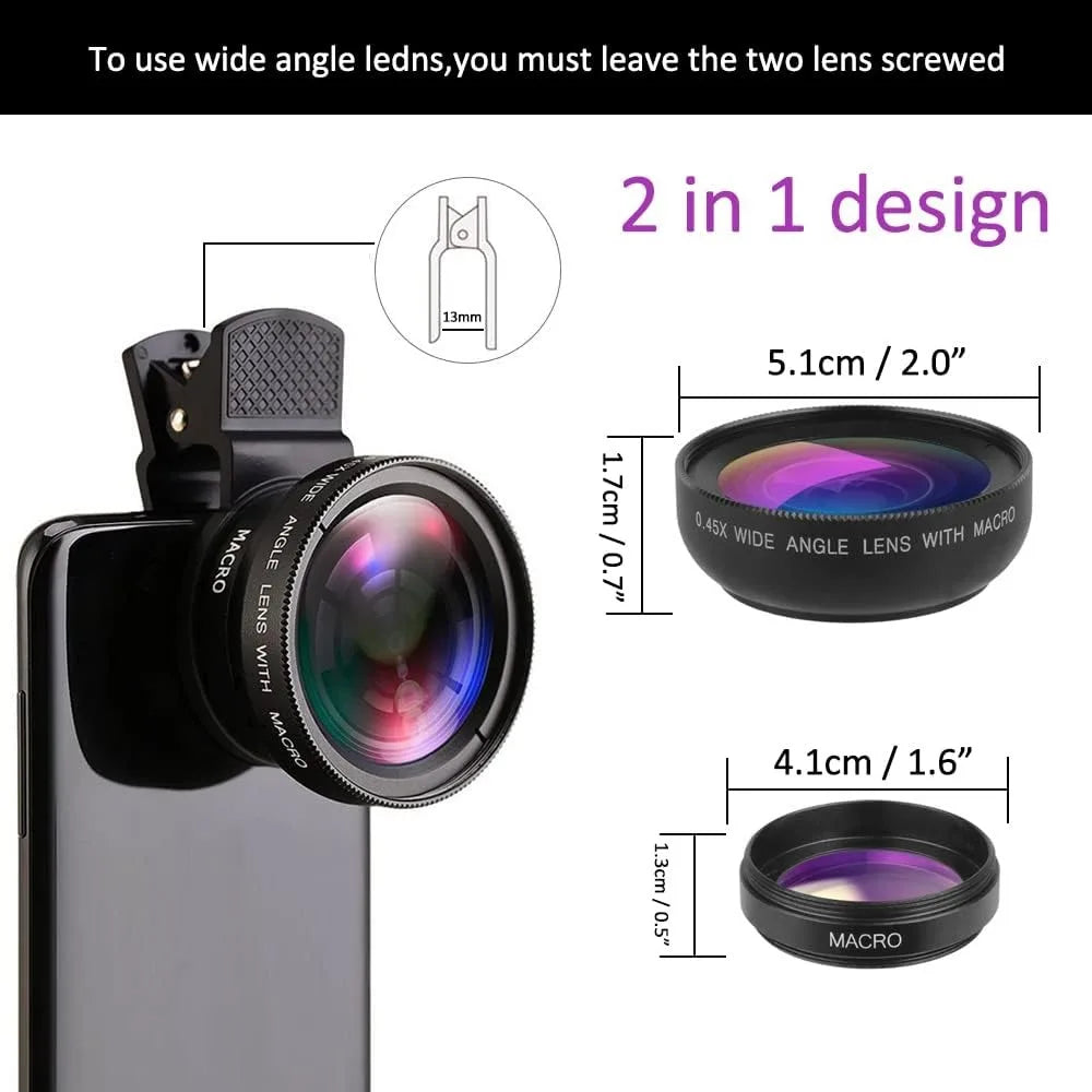 2 IN 1 Lens Universal Clip 37mm Mobile Phone Lens Professional 0.45X 49uv Super Wide-Angle + Macro HD Lens For iPhone Android Vue