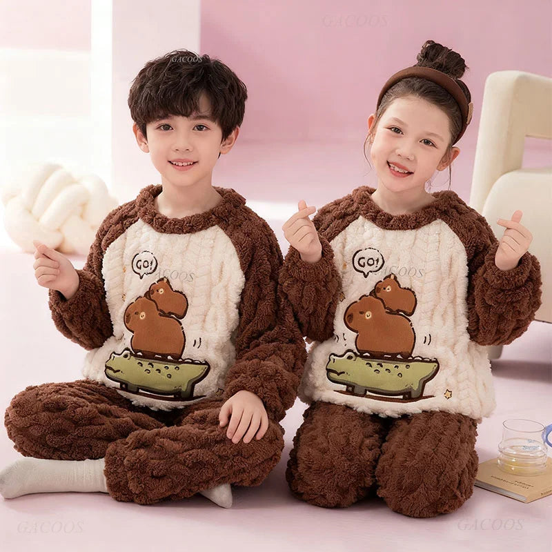 Winter Capybara Kids Boys Pajamas Sets Pyjamas Girls Sleepwear Flannel Fleece Teenage Clothes Children Home Clothes Loungewear Vue