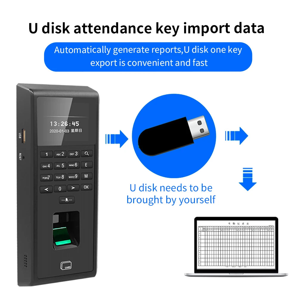 Support Tuya APP Fingerprint Employee Check In/Out Time Clock Attendance Machine Access Control RFID Card 125KHz Keypad USB Port Vue