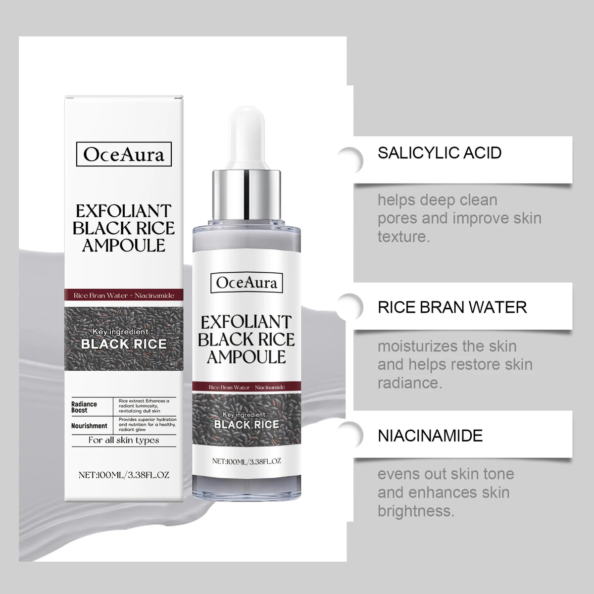 Black Rice Exfoliating Serum - Gentle Hydrating Brightening Facial Cleanser, Skin Softening Ampoule, Face Exfoliator & Essence Vue