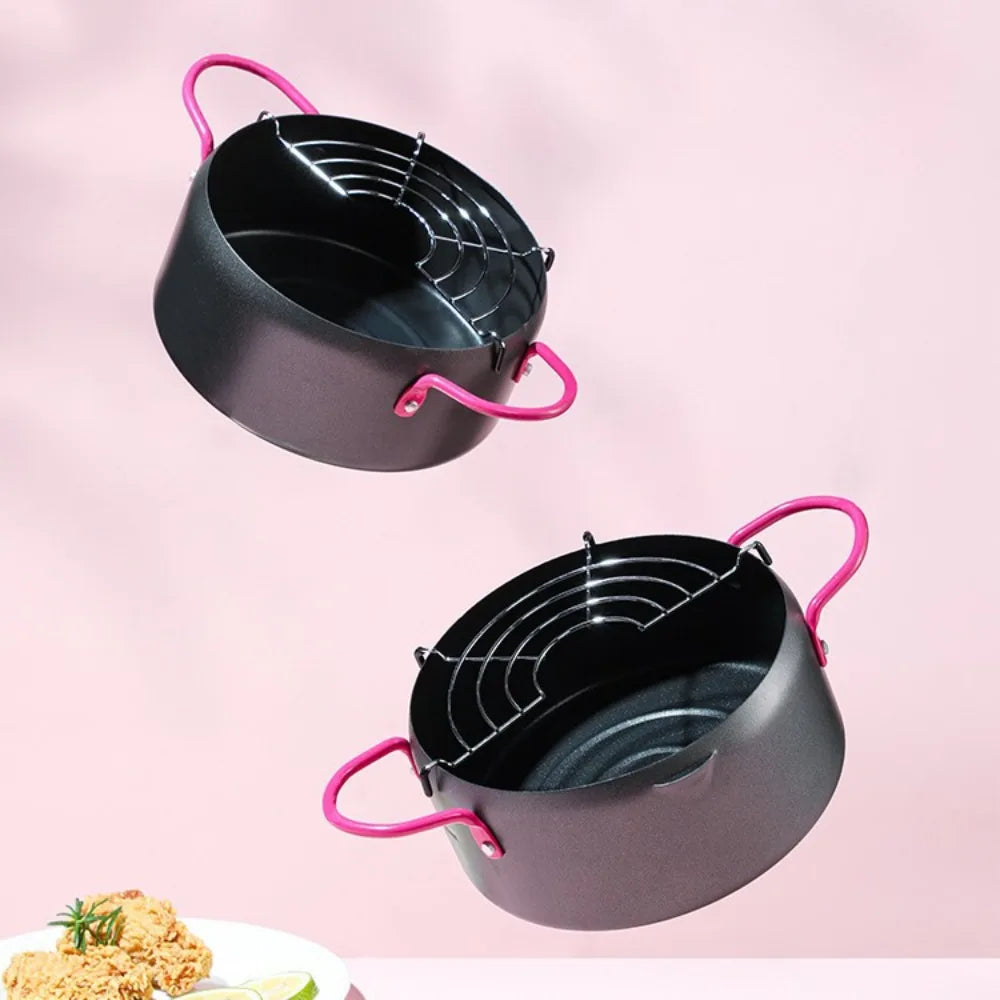 Japanese Style Pink Handle Tempura Fryer Pot with Oil Filter Rack Aluminum Alloy Deep Frying Pot Mini V Shape Outlet Vue