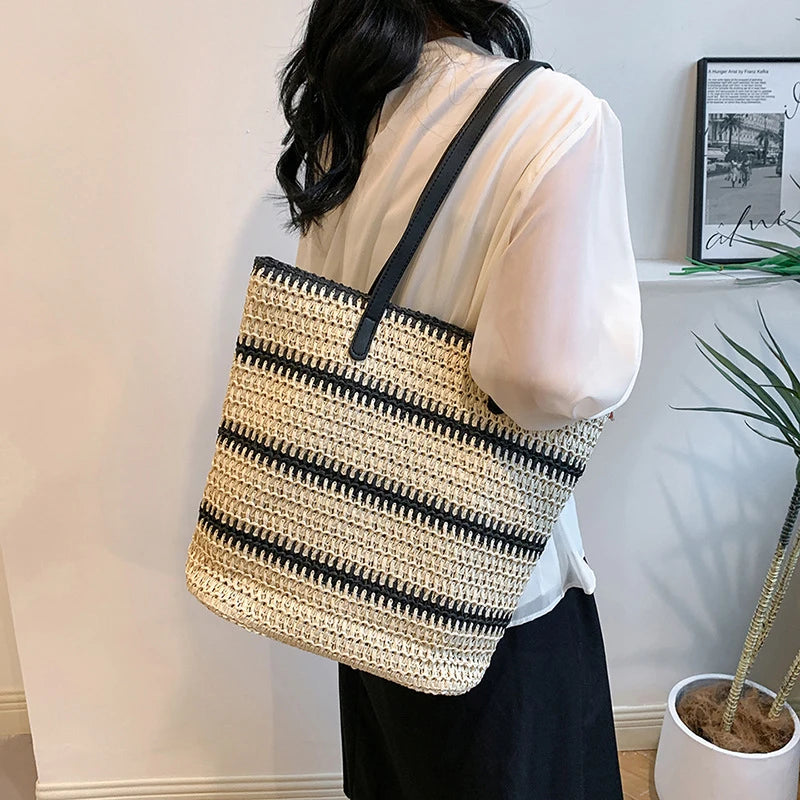 Designer Striped Straw Shoulder Bag Female Fashion Large Capacity