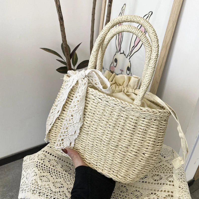Women Straw Woven Drawstring Handbag Girls Solid Holiday Purse