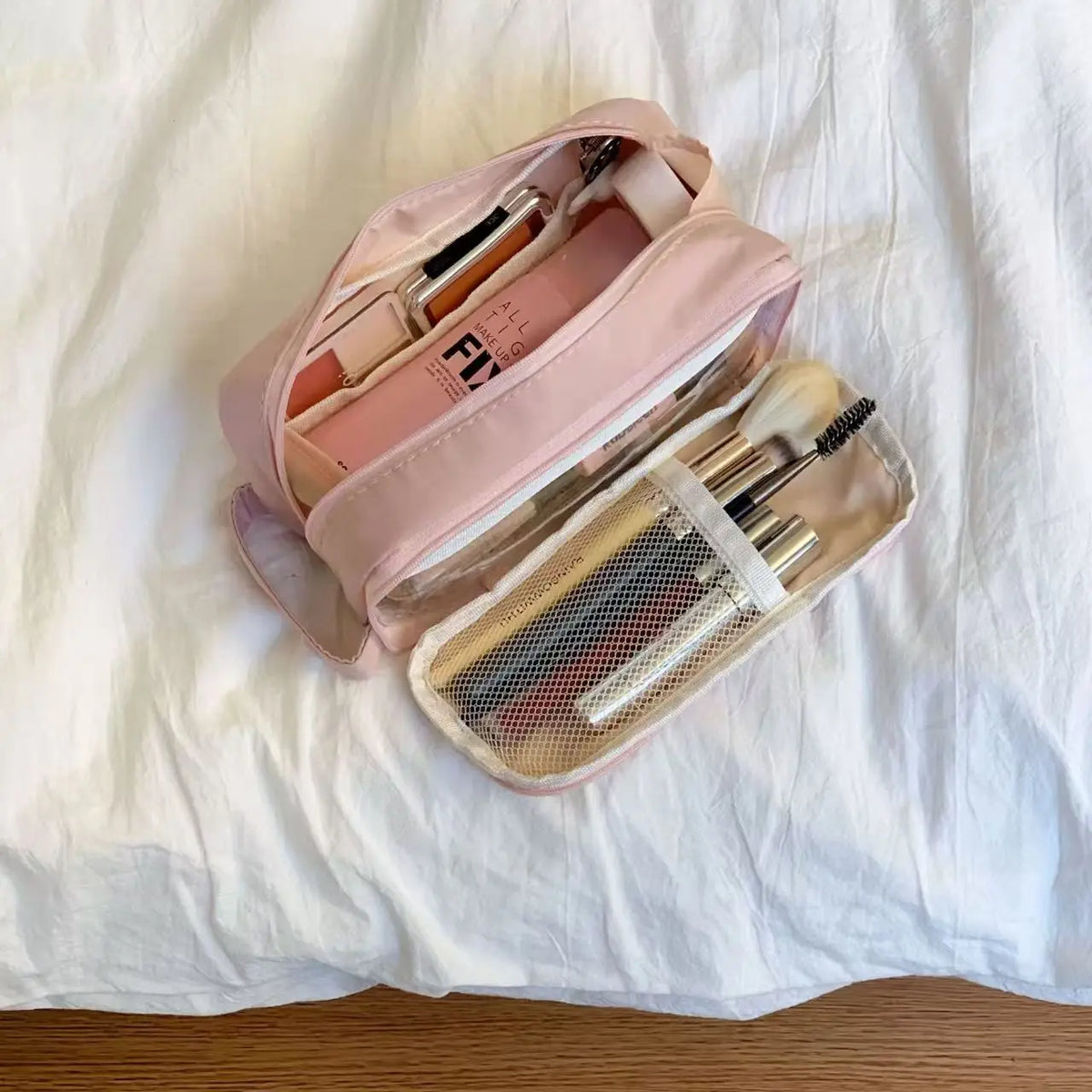 Double Layer Cosmetic Bag Nylon Travel Makeup Organizer Large Capacity Toiletry Bag Multifunction Pencil Case Brush Holder Vue WN-Pink