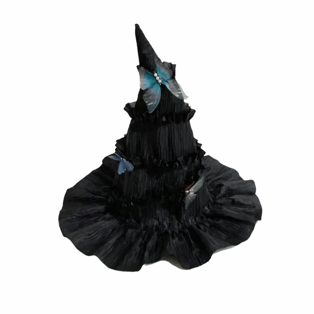 Gothic Halloween Hat Tall Pointed Cone Top Butterfly Hair Clips Women's Wizard Cap Removable Bendable Ruched Masquerade Cap Vue Black