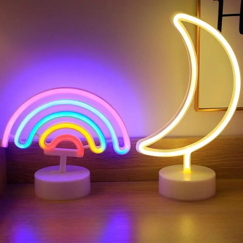 Neon Sign LED Rainbow shaped Neon Light Battery/USB Powered Colorful Neon Lamp with Holder Base Star Flamingo Nightlight Deco Vue