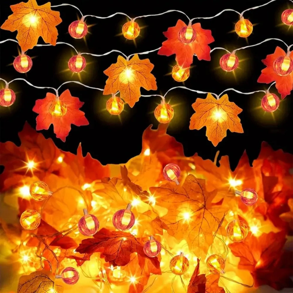 Fall Maple Leaf & Pumpkin LED String Lights, for Thanksgiving,Halloween, Party, Harvest, Cozy Home Decorations Vue