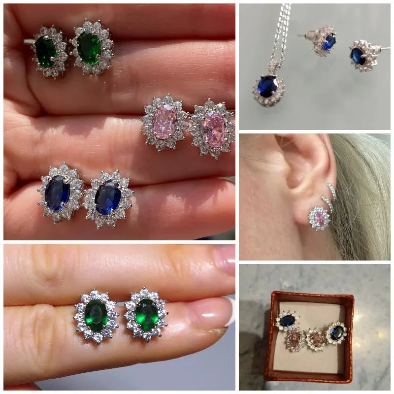 Huitan Sunflower Stud Earrings – Oval Cubic Zirconia Women Stud Earrings Vue