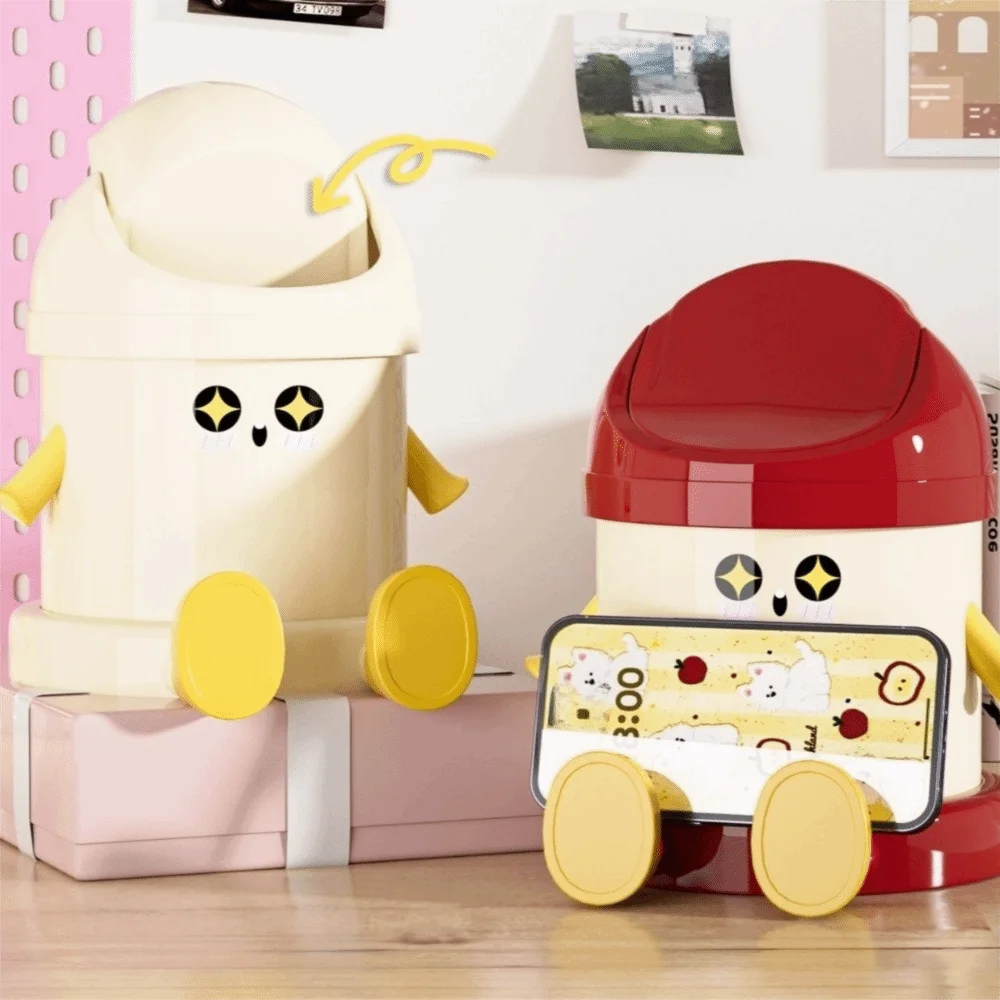 Cute Cartoon Desktop Trash Can Round Large Capacity Garbage Bin with Lid Plastic Storage Bucket Office Vue