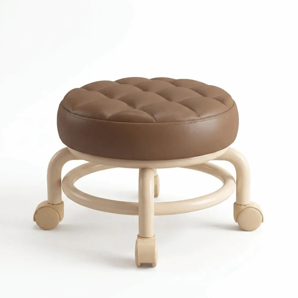 Round Shape Sliding Wheel Stool Universal Wheel Contrasting Color Small Stool Solid Frame Padded Seat Shoe Changing Stool Vue Coffee