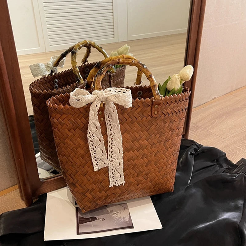 Women Woven Beach Straw Handbag Casual Handmade Hollow Out Rattan